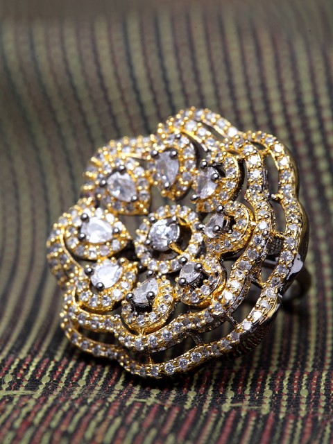 

Bhana Fashion Women Rhodium Plated American Diamond Stone Studded Floral Shape Handcrafted Ring, Metallic