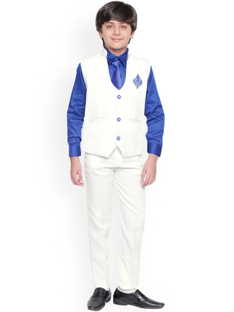 

Jeetethnics Boys White & Blue Solid Shirt with Trousers & Waistcoat