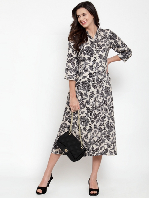 

Ayaany Women Cream-Coloured & Black Printed A-Line Dress