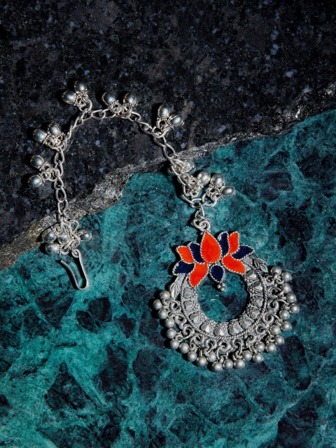 

ZeroKaata Silver Plated Orange Coloured & Blue Oxidised Tribal Maang Tikka