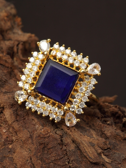 Bhana Fashion Gold-Plated White & Blue American Diamond Studded Handcrafted Square Shape Ring