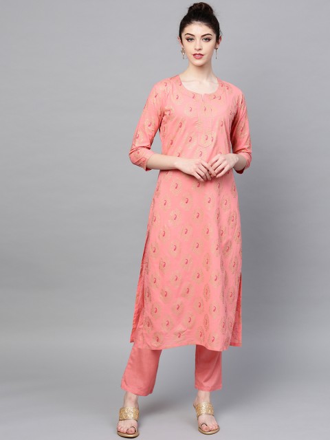 

Ishin Women Pink & Gold-Coloured Printed Straight Kurta