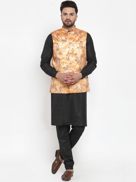 

Jompers Men Orange & Black Printed Kurta & Churidar with Nehru Jacket