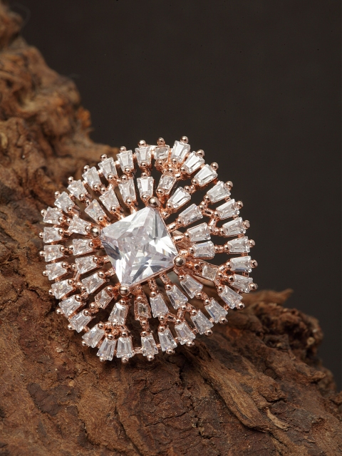 

Bhana Fashion Rose Gold-Plated & White American Diamond Studded Square Shape Ring