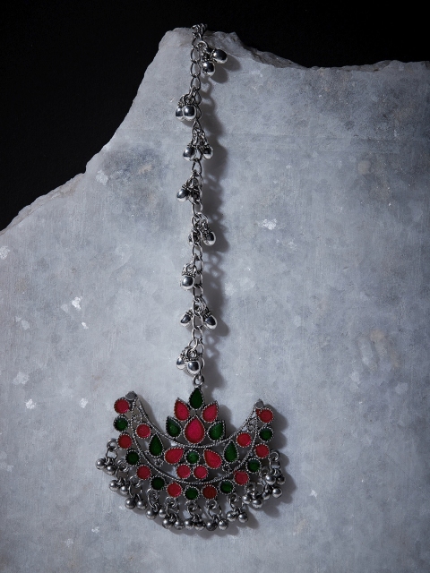 

ZeroKaata Oxidised Silver-Plated Pink & Green Enamelled Chandbali Maang Tikka