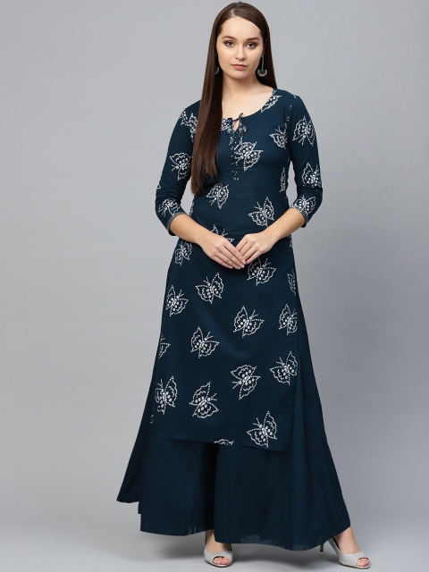 

Ishin Women Navy Blue & Off-White Bandhani Printed Straight Kurta