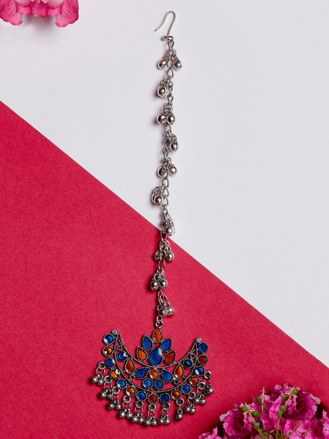 

ZeroKaata Silver-Plated Blue & Orange Oxidised Chandbali Maang Tikka