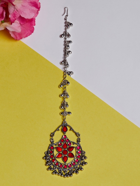 

ZeroKaata Oxidised Silver-Plated Red & Pink Enameled Floral Tribal Maang Tikka