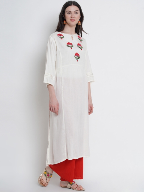 

Love More Women White & Pink Embroidered A-Line Kurta