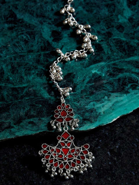 

ZeroKaata Oxidised Silver-Plated & Red Enamelled Tribal Maang Tikka