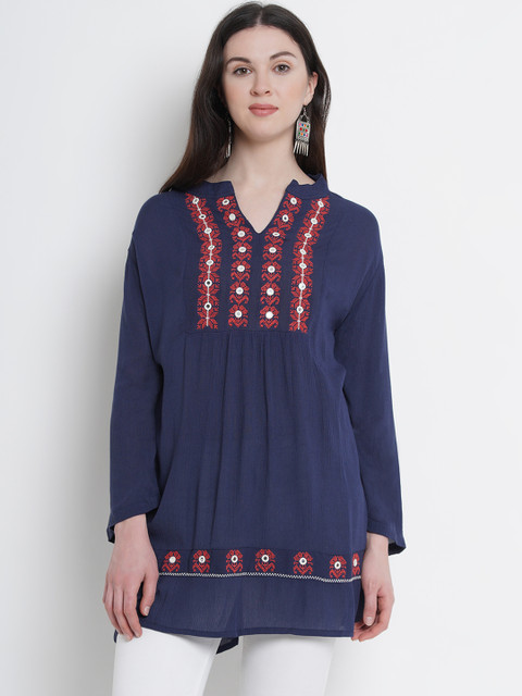 

Love More Womens Navy Blue Embroidered A-Line Tunic