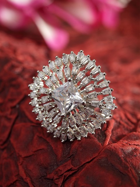 

Bhana Fashion Silver-Plated American Diamond Studded Square Finger Ring