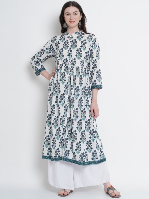 

Love More Women White & Blue Printed A-Line Kurta