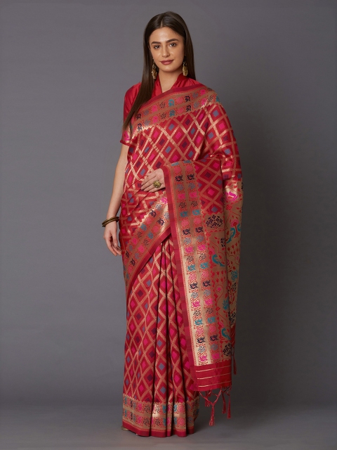 

Mitera Pink & Red Silk Blend Woven Design Banarasi Saree