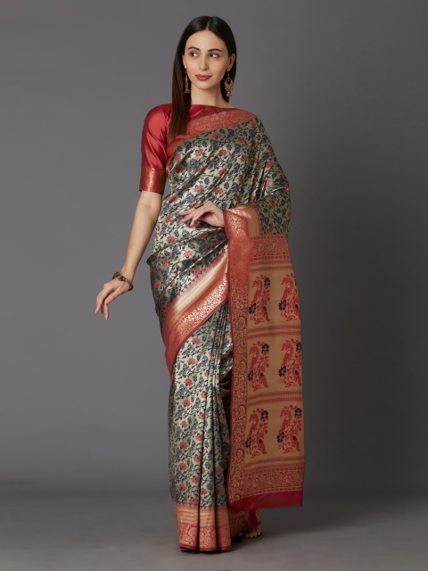 

Mitera Red & Gold-Coloured Silk Blend Woven Design Kanjeevaram Saree