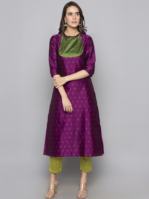 

Desi Weavess Women Purple & Green Woven Design A-Line Kurta