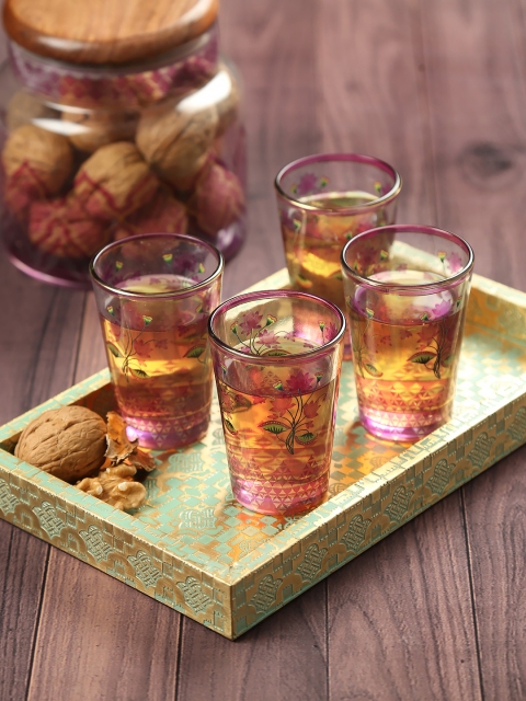 

India Circus by Krsnaa Mehta Set Of 4 Pink & Green Lattice Lotus Printed Chai Glasses