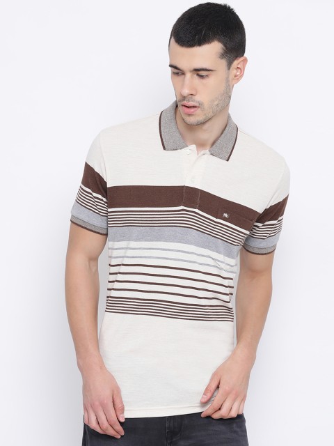 

Monte Carlo Men Cream-Coloured Striped Polo Collar T-shirt