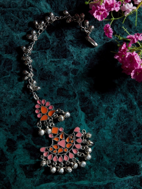 

ZeroKaata Oxidised Silver-Plated Pink & Orange Tribal Maang Tikka