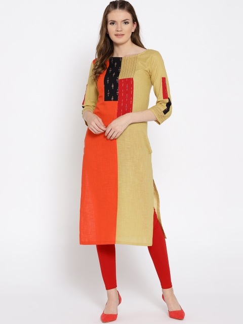 

Shakumbhari Women Beige & Orange Colourblocked Straight Kurta