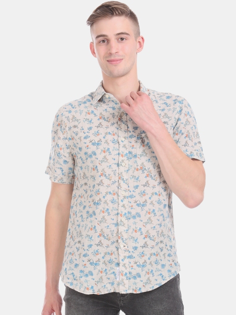 

U.S. Polo Assn. Men Beige & Blue Regular Fit Printed Pure Linen Casual Shirt