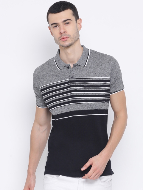 

Monte Carlo Men Grey & Navy Blue Striped Polo Collar T-shirt