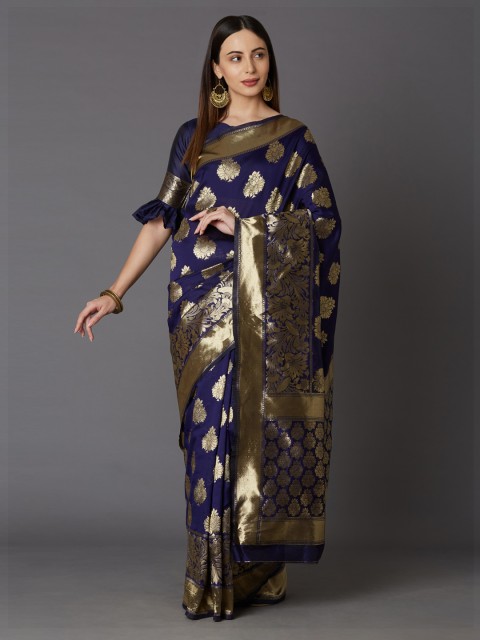 

Mitera Navy Blue & Gold-Toned Silk Blend Woven Design Kanjeevaram Saree
