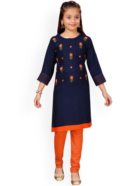 

Aarika Girls Navy Blue & Orange Embroidered Kurti with Churidar