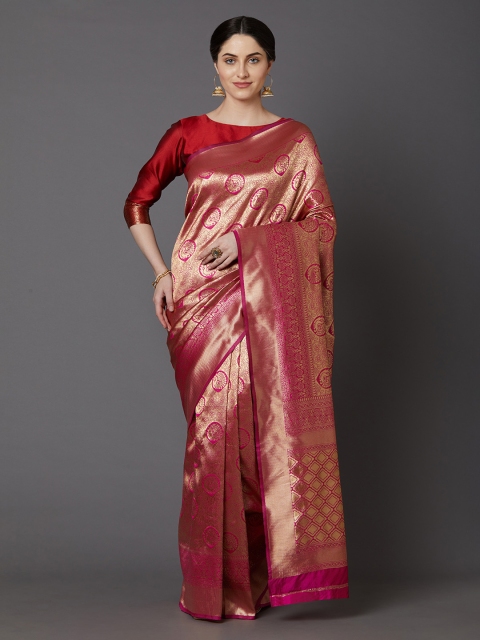 

Mitera Women Pink & Golden Silk Blend Woven Design Banarasi Saree