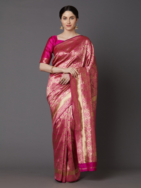 

Mitera Pink & Gold-Coloured Silk Blend Woven Design Banarasi Saree