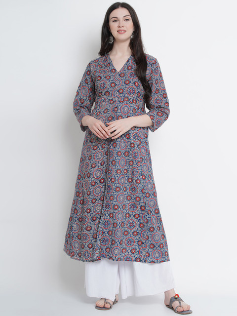 

Love More Women Navy Blue & Red Printed A-Line Kurta
