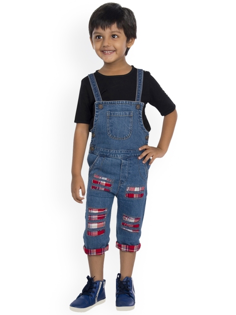 

Olele Boys Blue & Red Solid With Tartan Plaid Denim Calf Length Dungaree