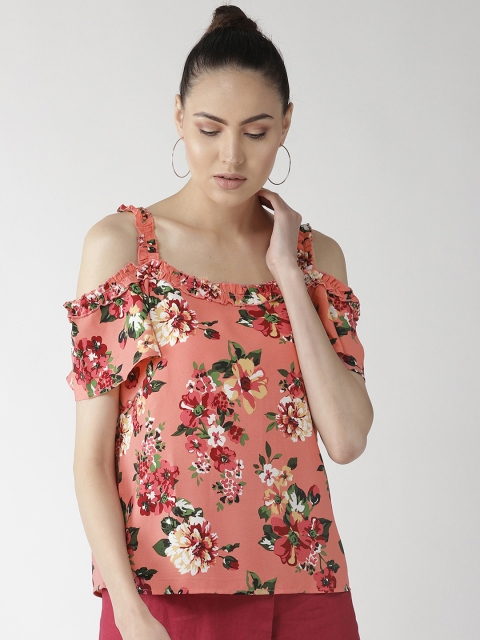 

plusS Women Peach-Coloured & Green Printed Top