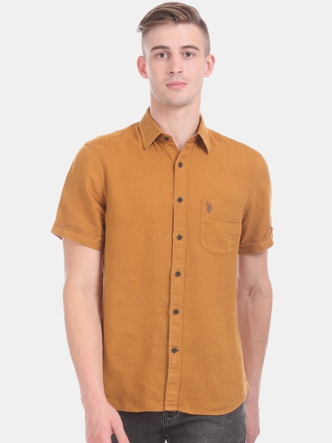 

U.S. Polo Assn. Men Mustard Yellow Regular Fit Solid Pure Linen Casual Shirt