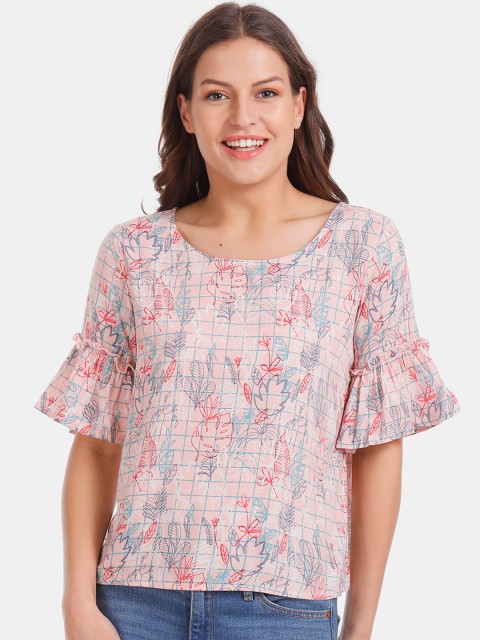 

Sugr Women Pink & Blue Printed A-Line Top