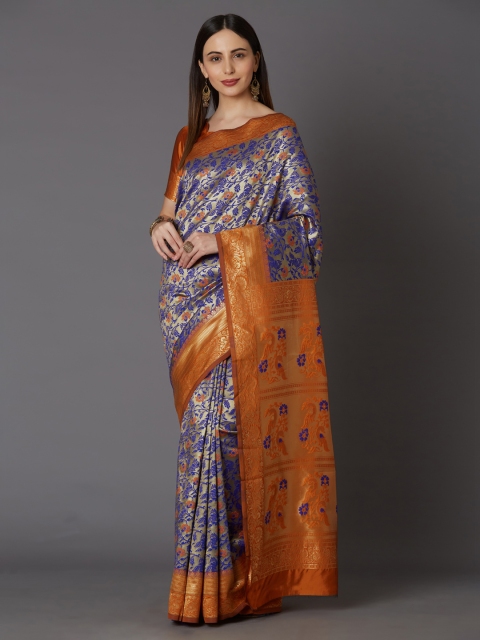 

Mitera Orange & Blue Silk Blend Woven Design Kanjeevaram Saree