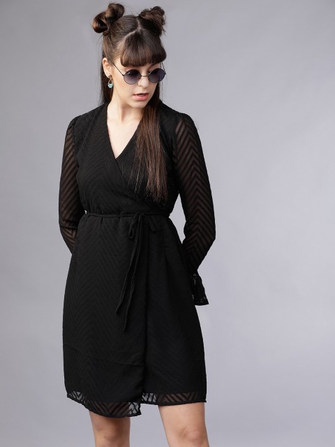 

Tokyo Talkies Women Black Self Design Wrap Dress