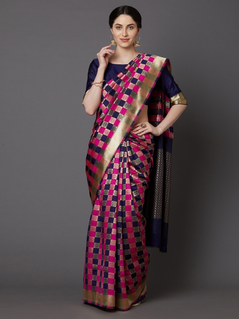 

Mitera Pink & Navy Blue Silk Blend Checked Banarasi Saree