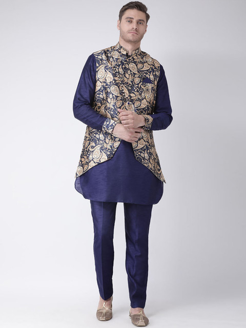 

SG RAJASAHAB Men Navy Blue & Beige Self Design Kurta with Jacket & Trousers