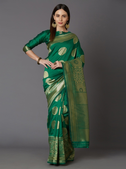 

Mitera Green & Golden Silk Blend Woven Design Kanjeevaram Saree
