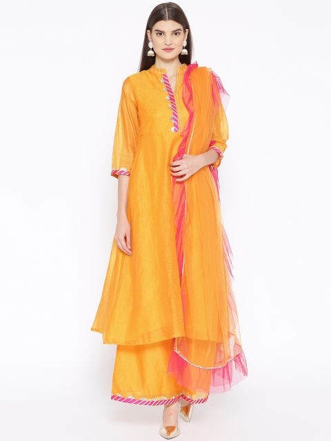 

Shakumbhari Women Mustard Yellow & Pink Striped Kurta with Palazzos & Dupatta