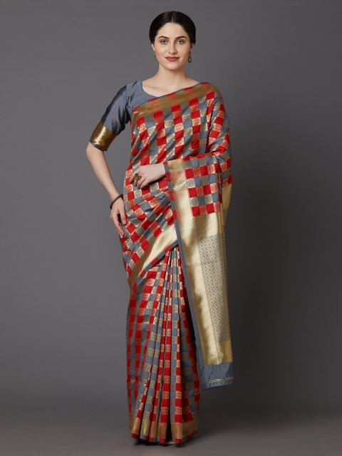 

Mitera Grey & Red Silk Blend Checked Banarasi Saree