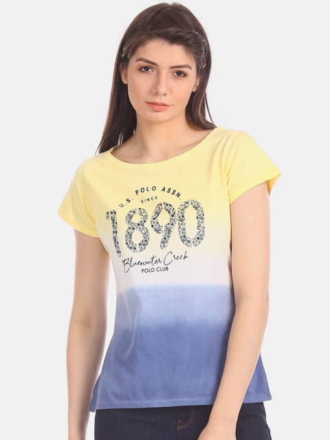 

U.S. Polo Assn. Women Yellow & Blue Printed Round Neck T-shirt