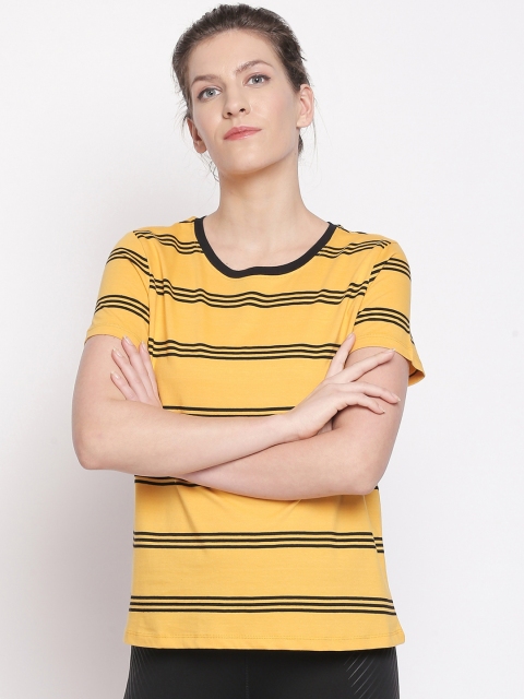 

Ajile by Pantaloons Women Yellow Black Striped Round Neck Pure Cotton T-shirt