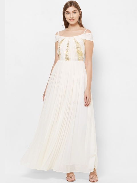 

Soie Women Off-White & Yellow Embellished Maxi Dress