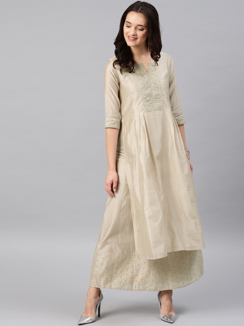 

Desi Weavess Women Beige Yoke Design Straight Kurta