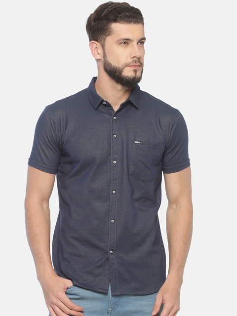 

T-Tog Men Navy Blue Slim Fit Self Design Knitted Casual Shirt