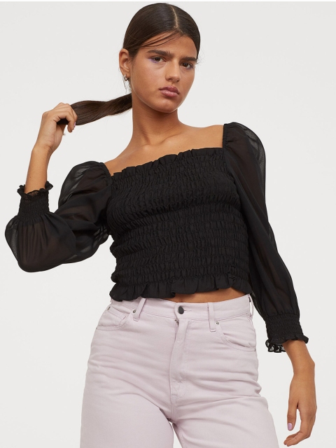 

H&M Women Black Solid Smocked Chiffon Top