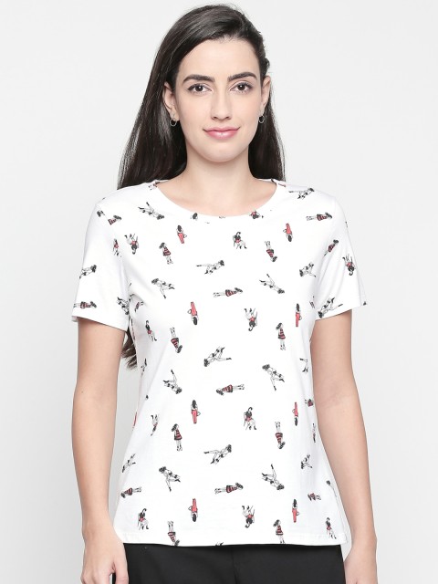 

Honey by Pantaloons Women White Black Printed Round Neck Pure Cotton T-shirt