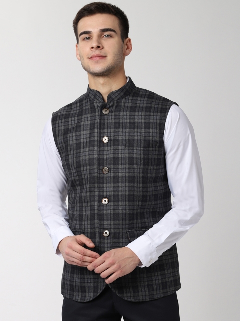 

Peter England Men Grey Checked Woven Nehru Jacket